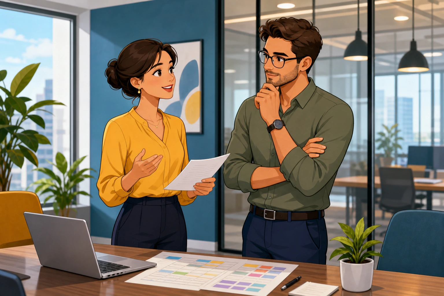In a modern office meeting room, a professional woman and a man stand by a table with papers and a laptop, discussing a new shift plan in a calm work setting.