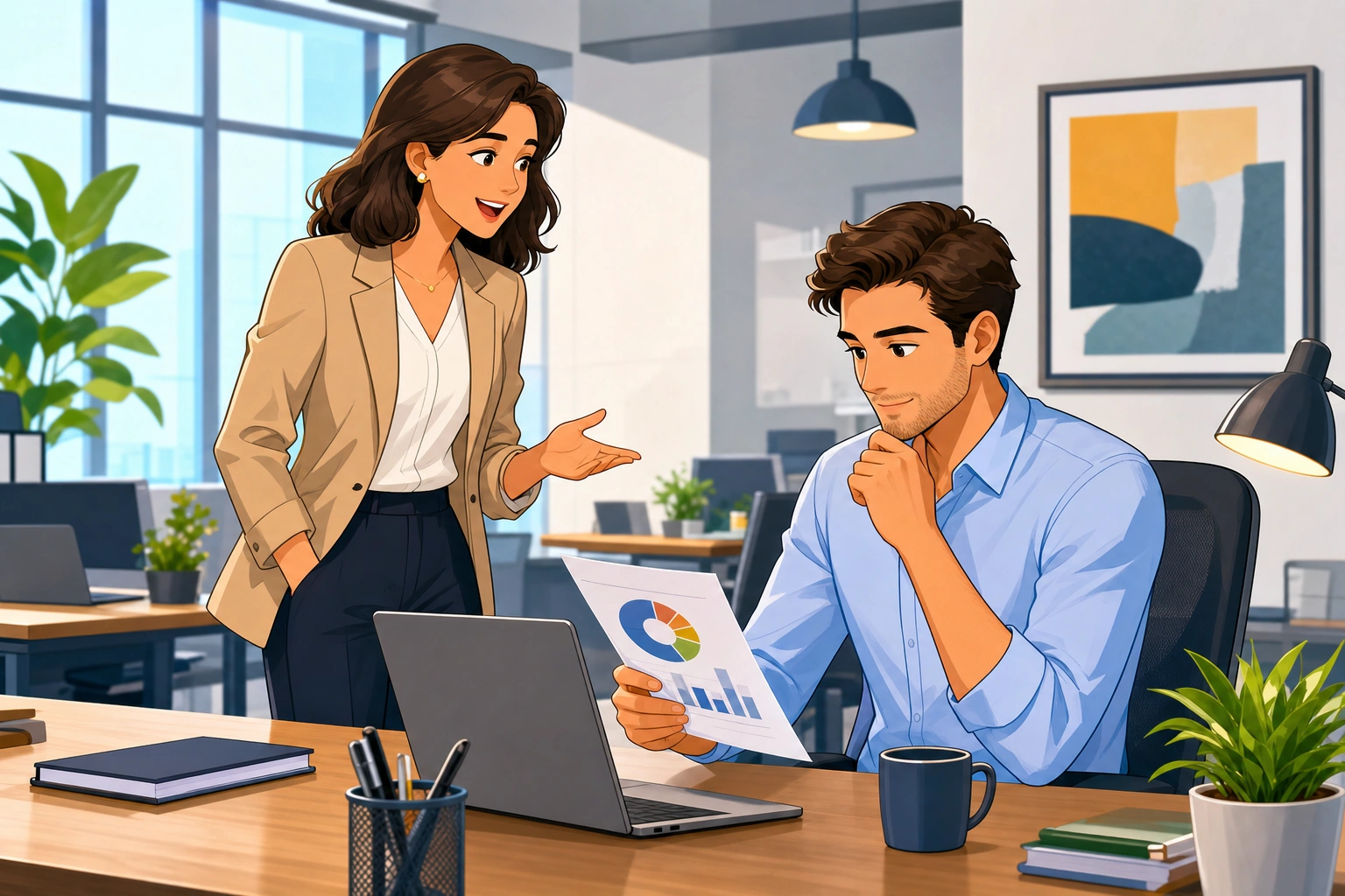 A woman in business clothes stands by a desk in a modern office, speaking to a man in a shirt who is looking at a printed report on a laptop-filled workspace.
