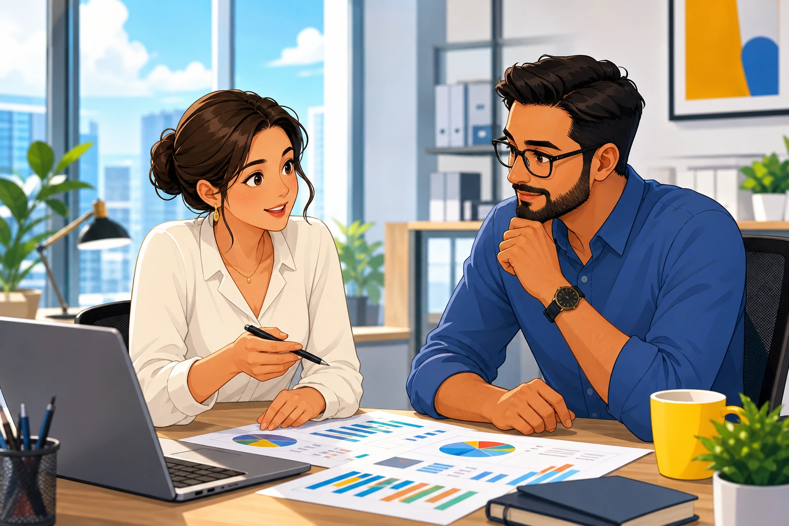 A young woman and a man sit across a desk in a bright office, looking at a laptop and printed charts while discussing a project carefully.