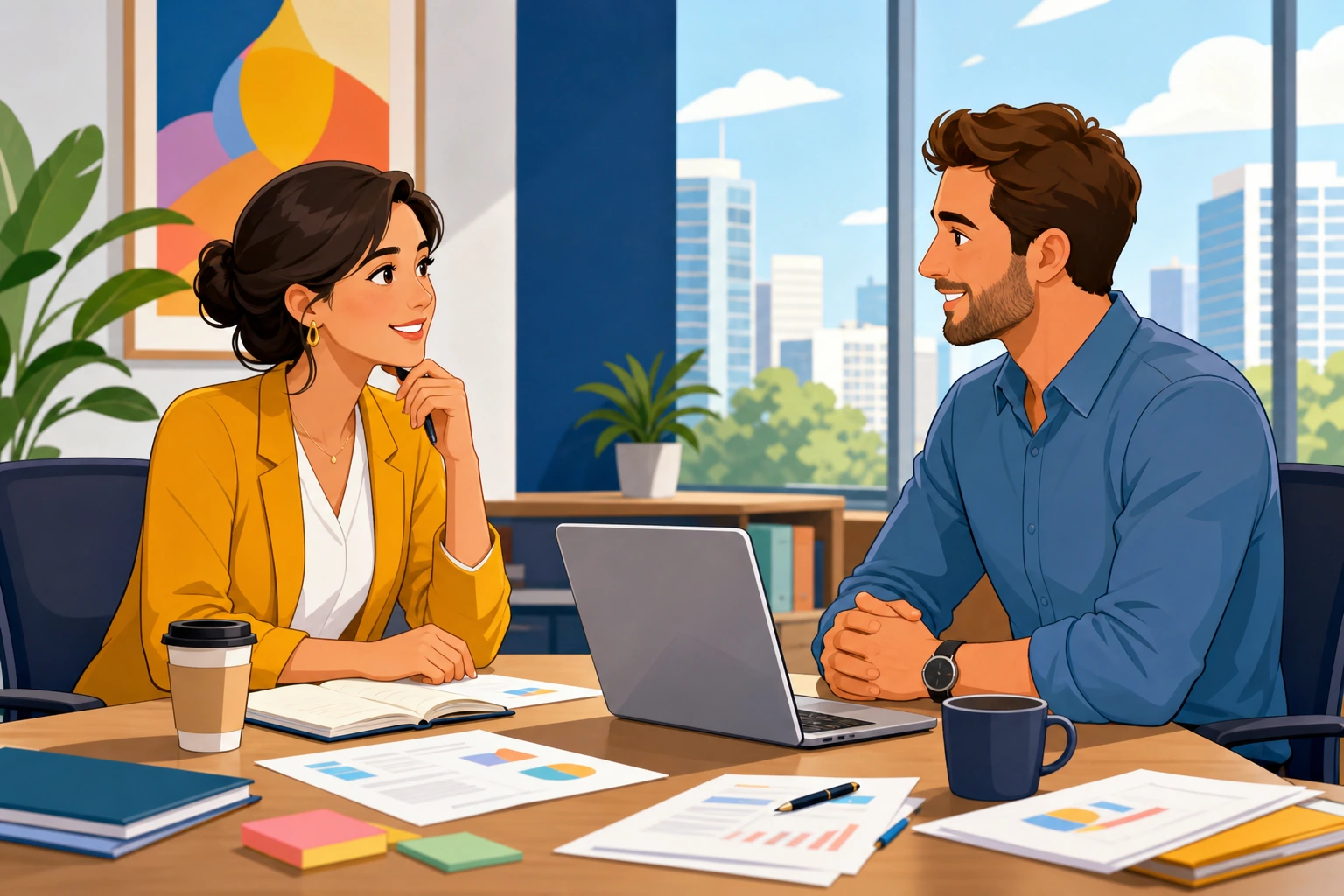 A woman and a man sit across from each other in a bright office meeting room with a laptop, papers, and coffee cups on the table as they pause a discussion.