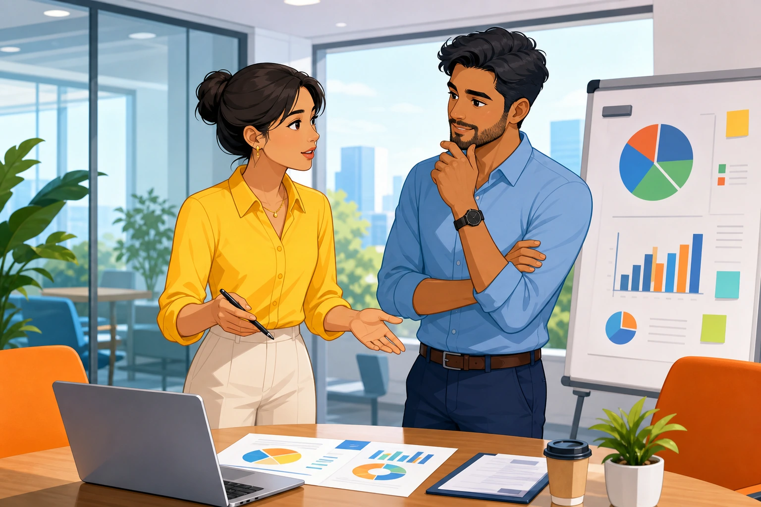 A professional woman and a man stand in a bright office meeting room beside a laptop and printed charts, talking seriously about a business proposal.