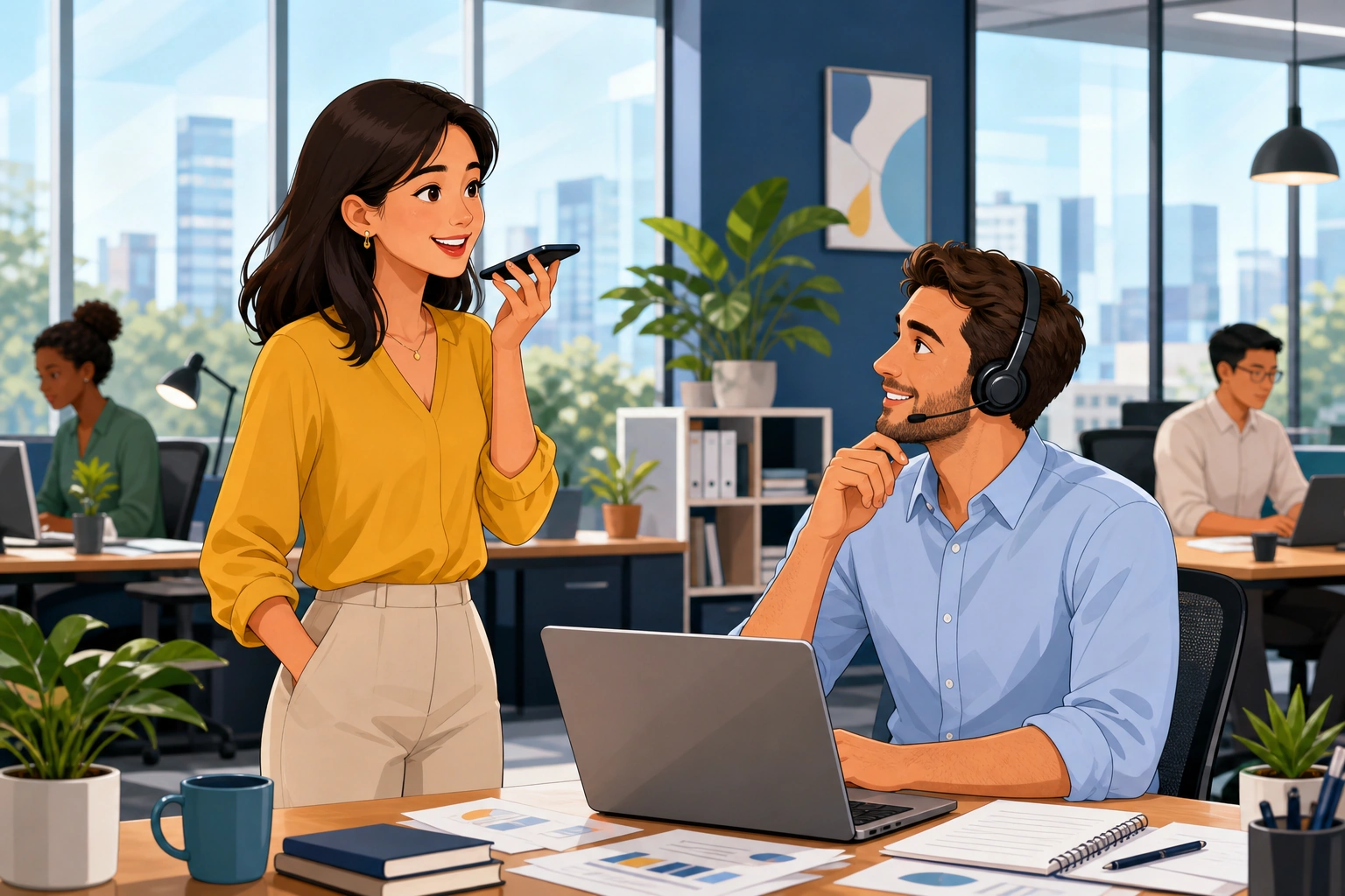 A woman in a modern office speaks into a smartphone beside her desk while a man in a collared shirt listens with a headset near a laptop and papers.