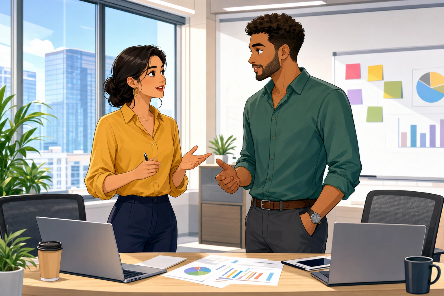 A woman and a man stand in a bright office meeting room with laptops and printed charts on the table, speaking quietly about a project plan.