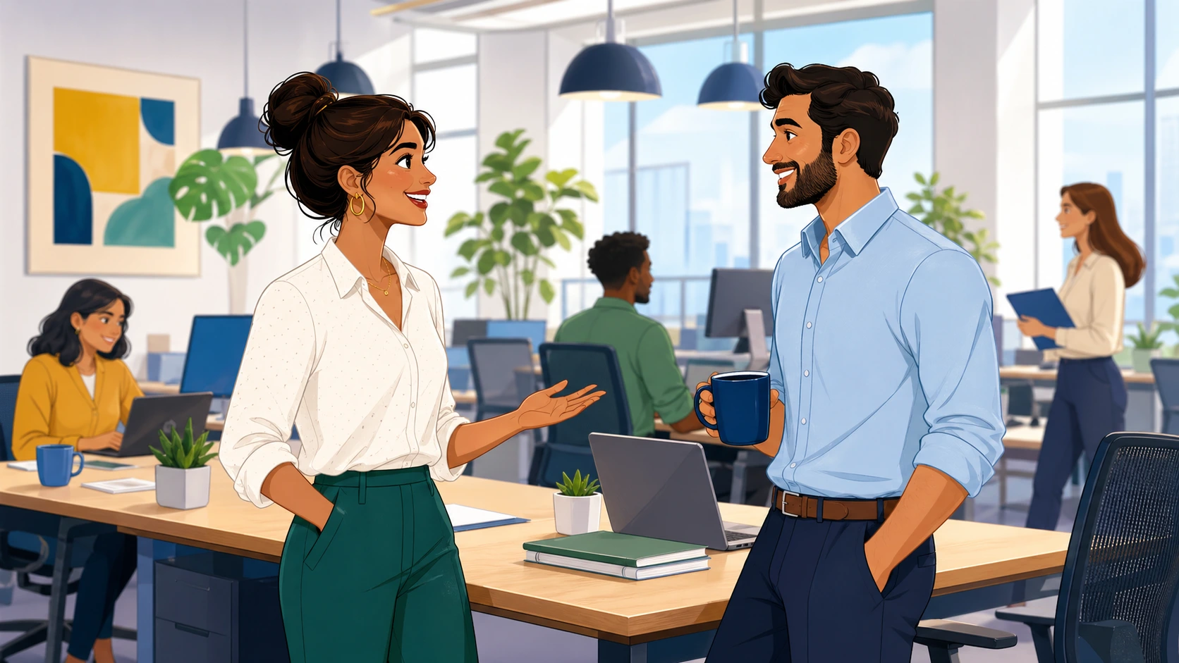 A woman stands by a shared office desk chatting with a male colleague holding a coffee mug in a bright modern workplace.