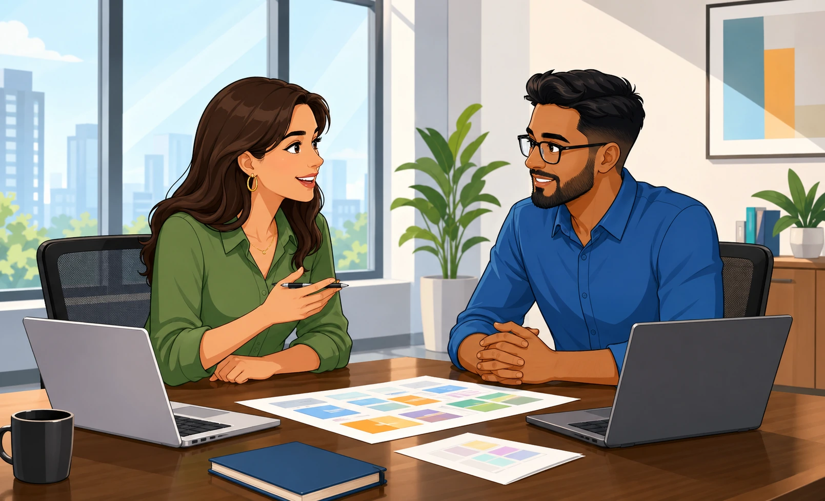 A woman and a man sit at a conference table with laptops and papers, discussing a project plan in a bright modern office.