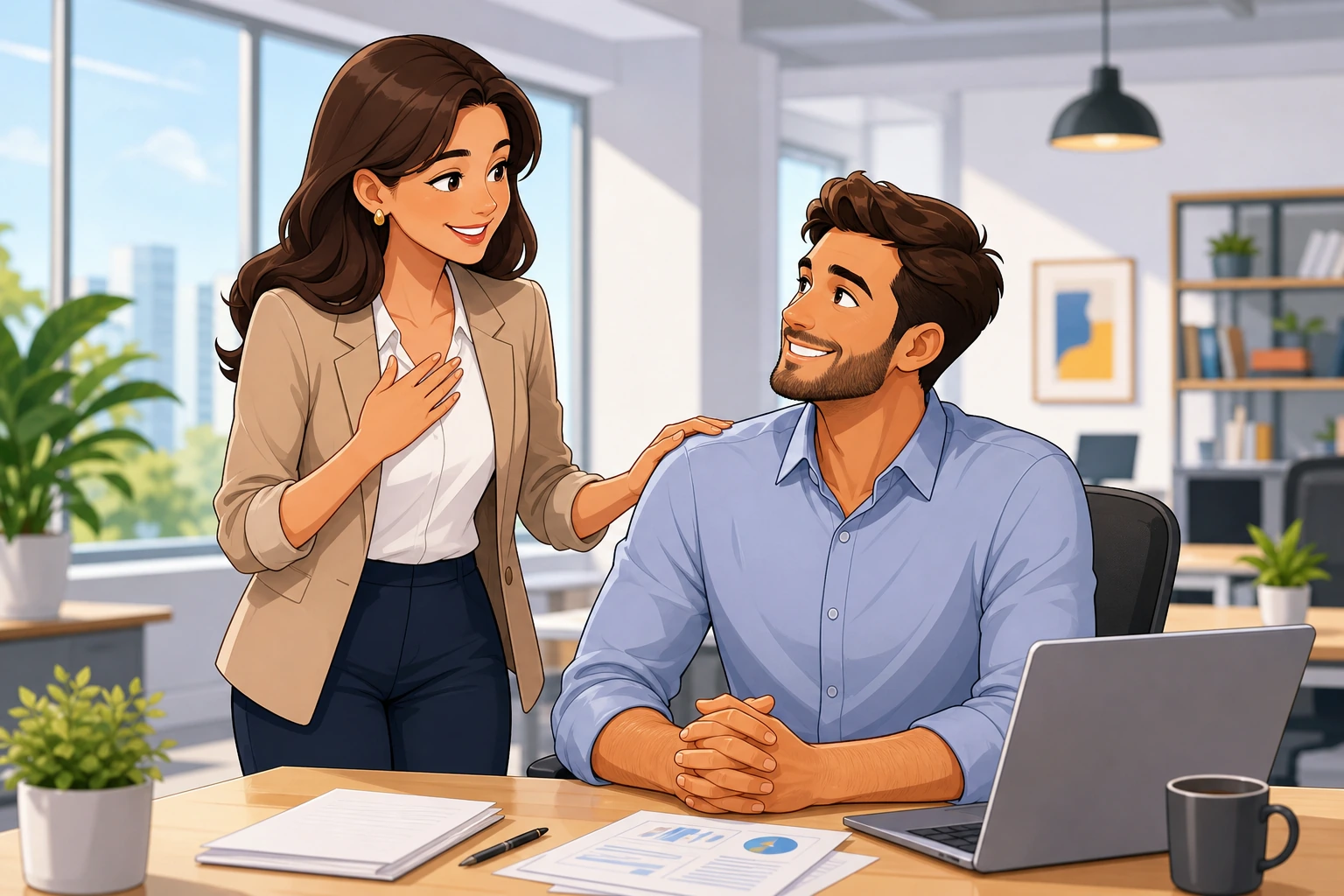A woman in business clothes stands beside a man at a desk with papers and a laptop in a bright office, both smiling as she thanks him.