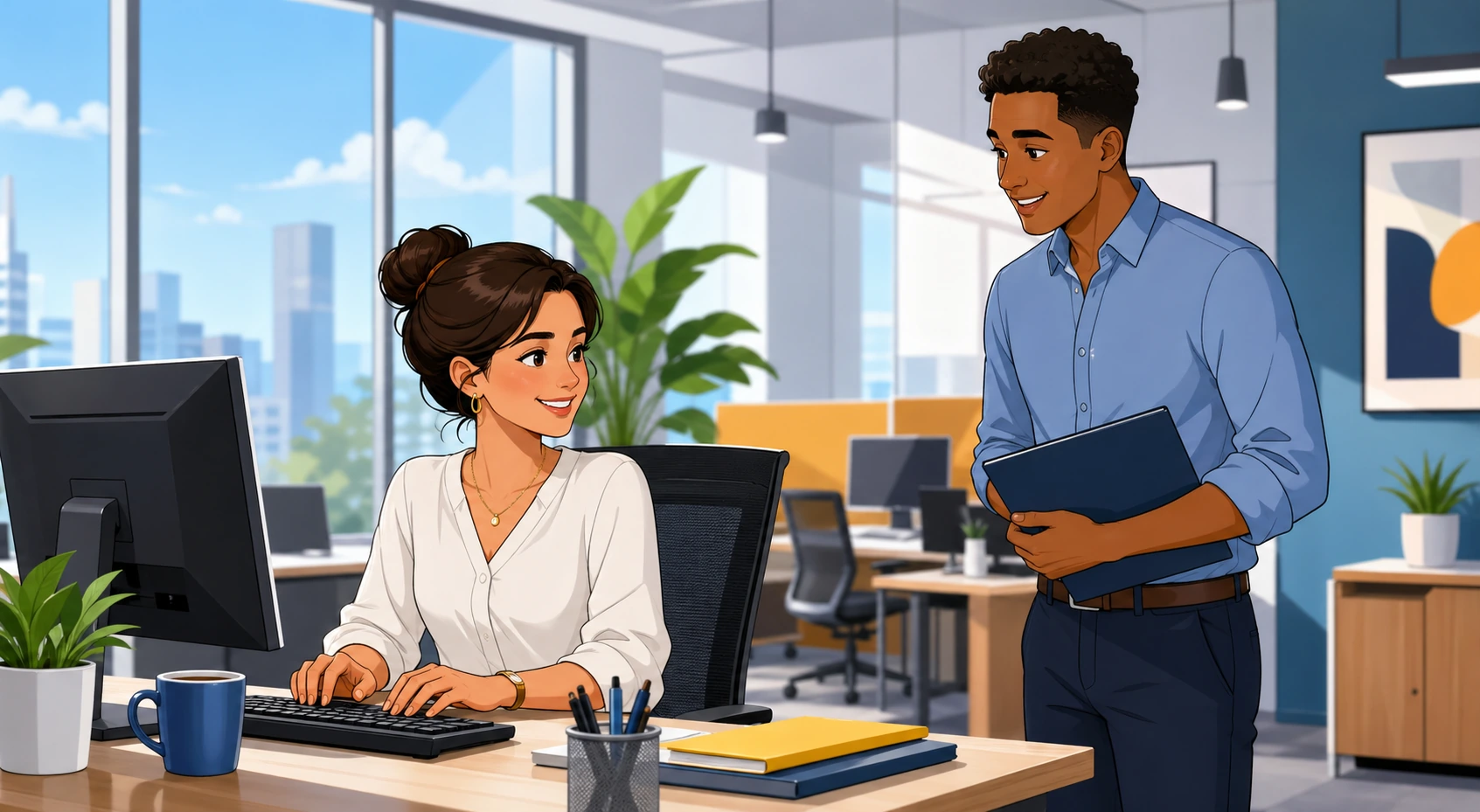 A woman sits at her desk typing an email while a male coworker stands nearby holding a folder in a modern office.