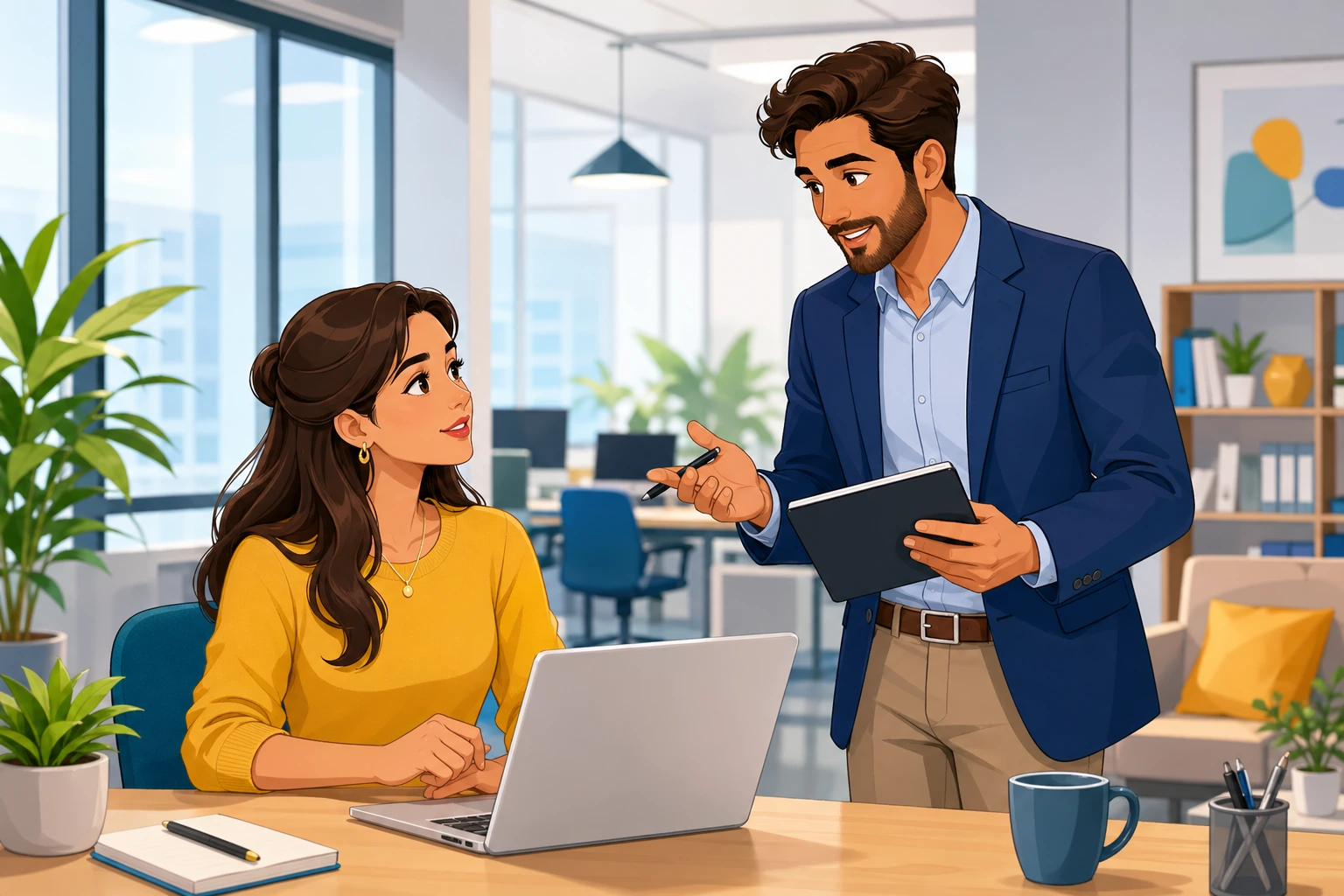 A woman sitting at a desk listens to a male manager giving notes beside a laptop in a modern office.