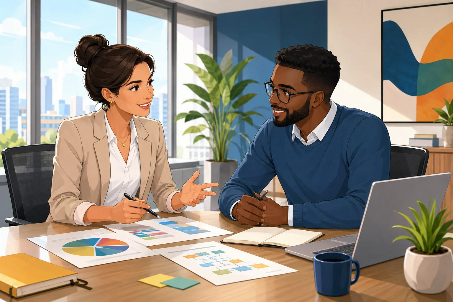 A professional woman and a male coworker sit at a conference table discussing a project plan in a bright modern office.