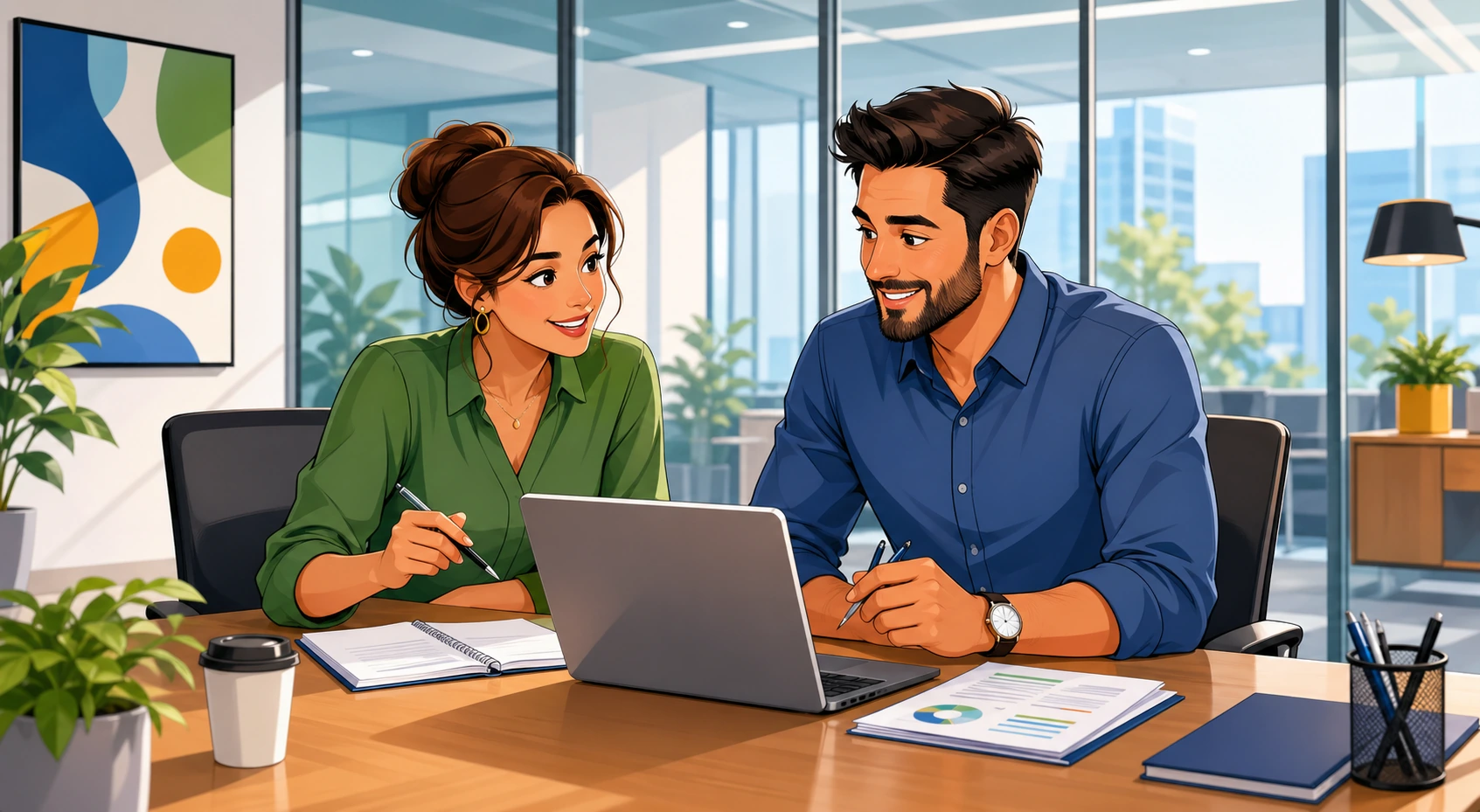 A woman and a man sit at a conference table in a modern office meeting room, looking at a laptop and printed notes.