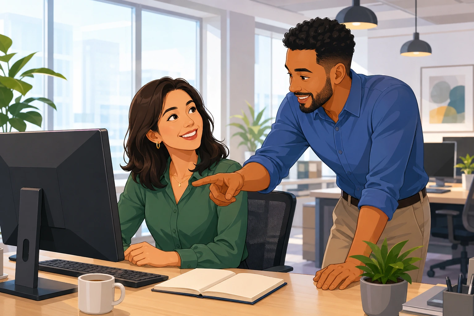 A woman at a desk smiles at a male coworker who is pointing to a computer screen in a bright modern office.