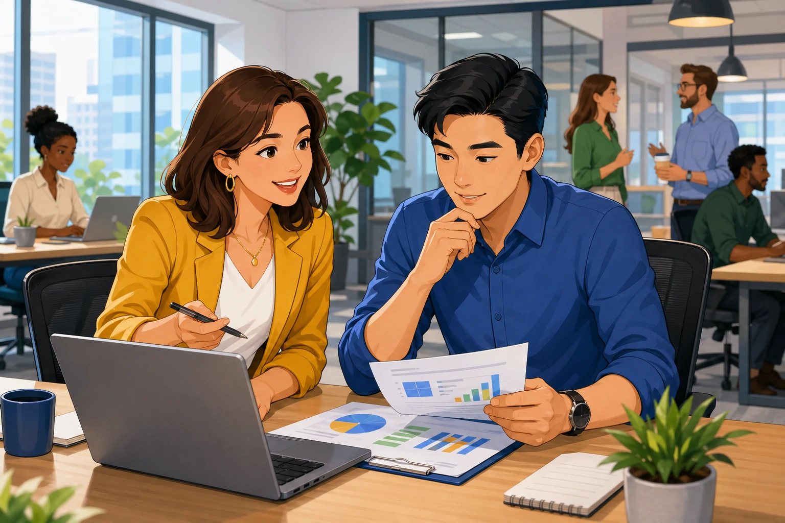 A female project manager and a male coworker sit at a conference table reviewing a laptop and printed reports in a modern office.