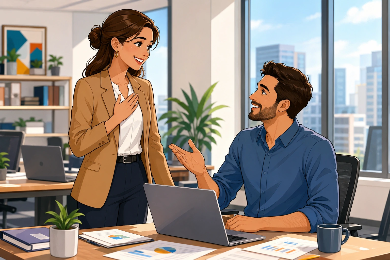 A professional woman stands beside a desk thanking a male colleague in a modern office with laptops, papers, and large windows.