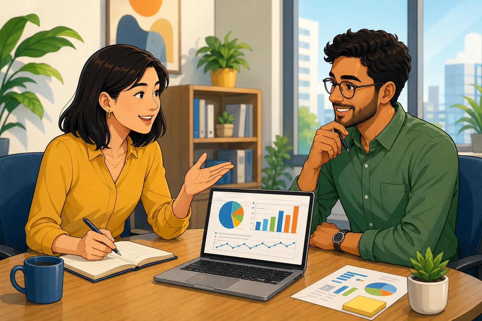 A woman and a man sit at a small office meeting table, reviewing charts on a laptop and discussing a project plan.
