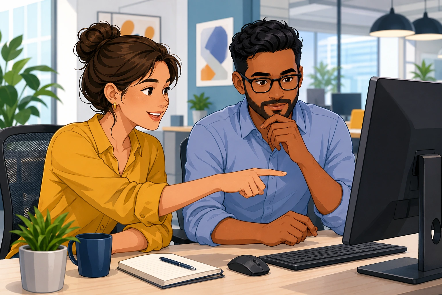 A woman and a man sit at desks in a modern office, looking at a computer screen while discussing a small technical issue.