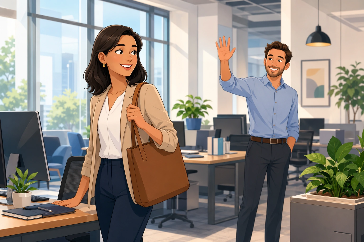 A woman in business casual clothes stands by her desk with a bag while a male coworker in a shirt waves goodbye in a modern office.