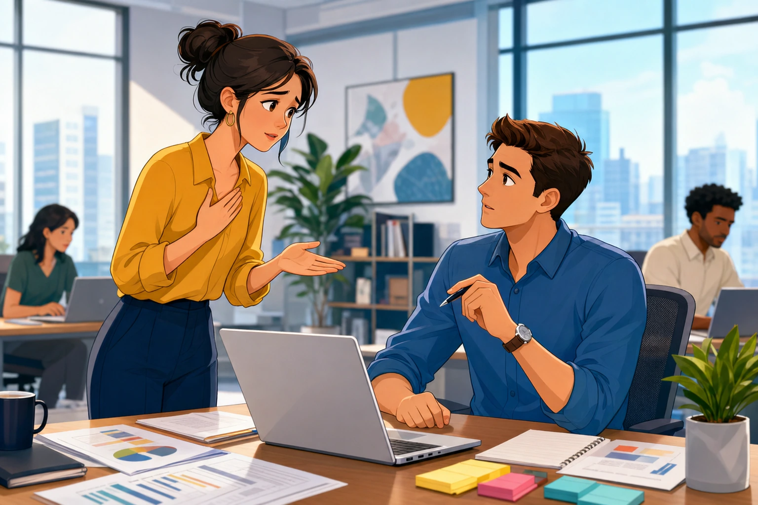 A woman stands beside a desk apologizing to a male coworker in a modern office with laptops, papers, and meeting notes visible.