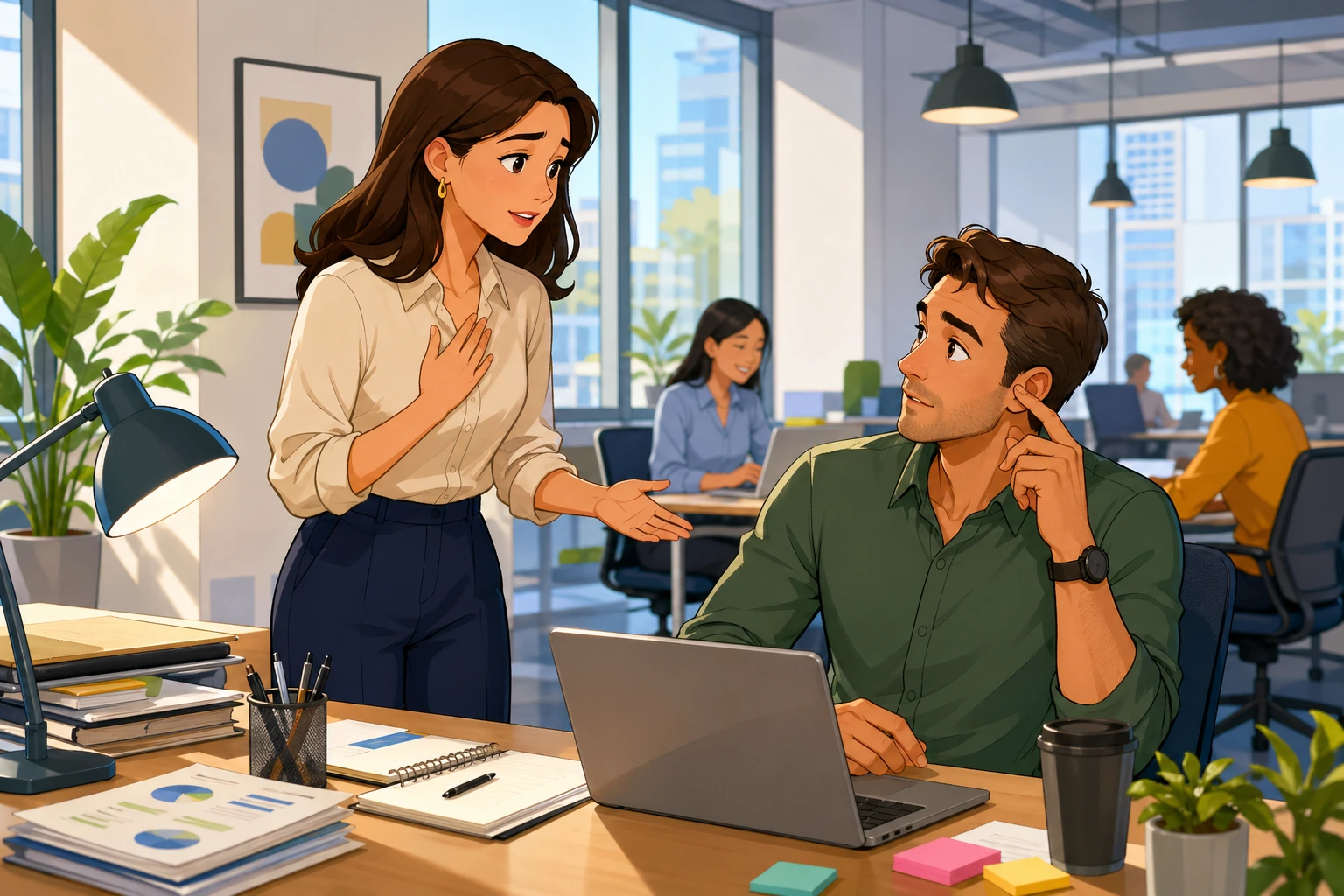 A woman manager stands beside a desk explaining a project handoff to a male colleague in a modern office with laptops and papers.