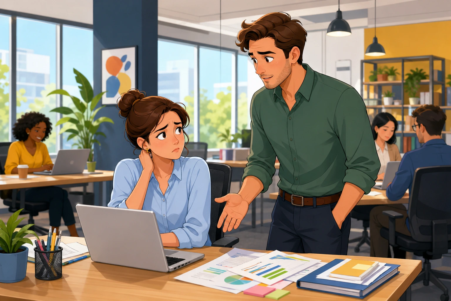 A young woman at a modern office desk looks apologetic while a man stands beside her laptop and scattered papers in a bright shared workspace.