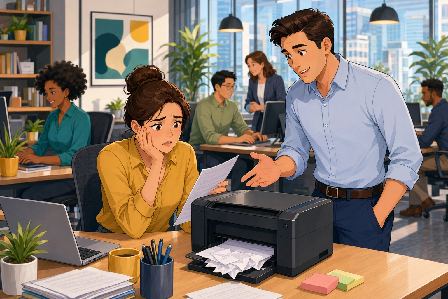A woman at a busy office desk looks worried beside a printer, while a man in a shirt stands nearby ready to help in a modern workplace.