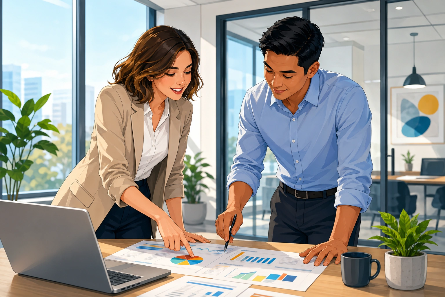 A woman and a man stand beside a laptop and printed reports in a bright office meeting room, pointing at a chart on the table.