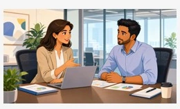A young woman in a blazer and a man in a button-down shirt sit across a desk in a modern office, reviewing a project plan with laptops and papers spread out between them.