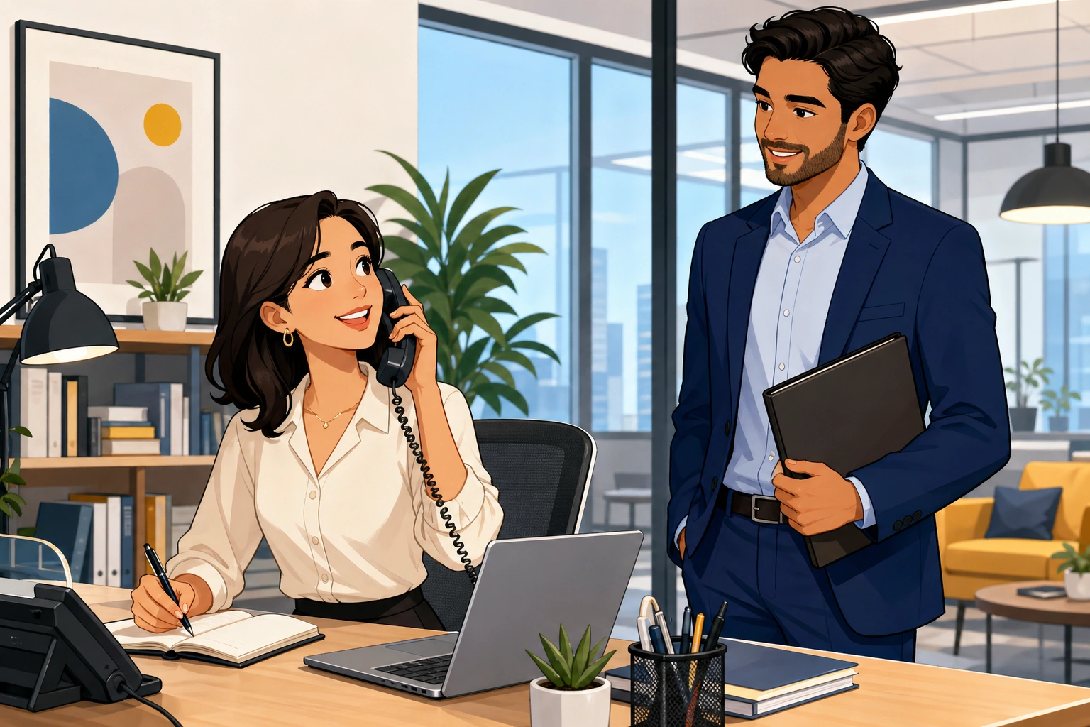 A young woman at a tidy office desk answers a ringing phone while a man in a suit waits nearby with a folder and a laptop open on the desk.