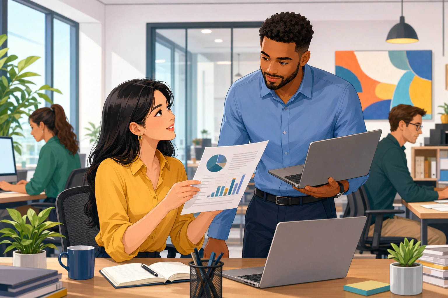 A young woman at a desk in a modern office holds a printed report toward a man standing beside her with a laptop, both looking focused and professional.