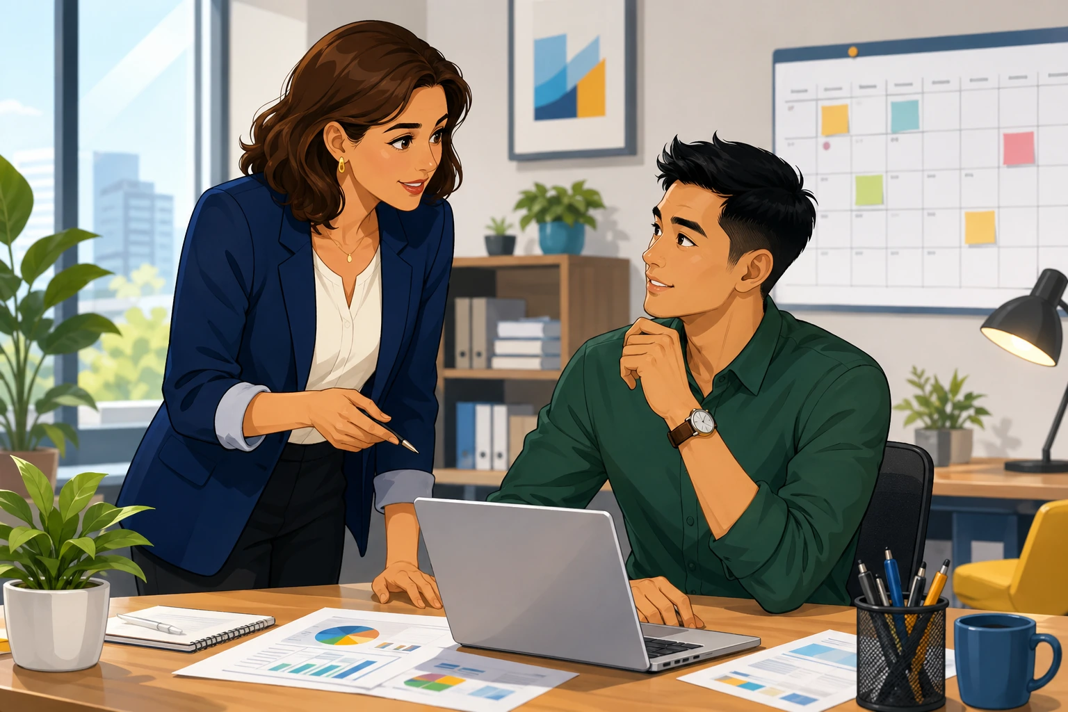 A focused woman in a blazer stands beside a man at a desk with a laptop, papers, and a wall calendar in a bright modern office.