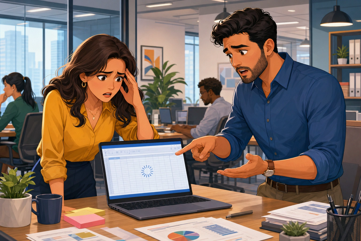 A worried woman and a male coworker stand beside a laptop in a modern office, pointing at a frozen spreadsheet while office desks and papers sit around them.
