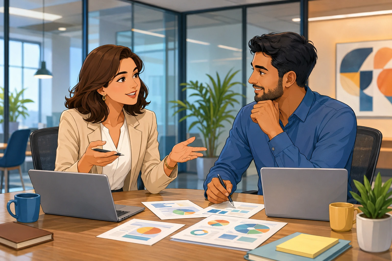 A woman manager and a male coworker sit at a meeting table with laptops and papers, discussing a project plan in a modern office.