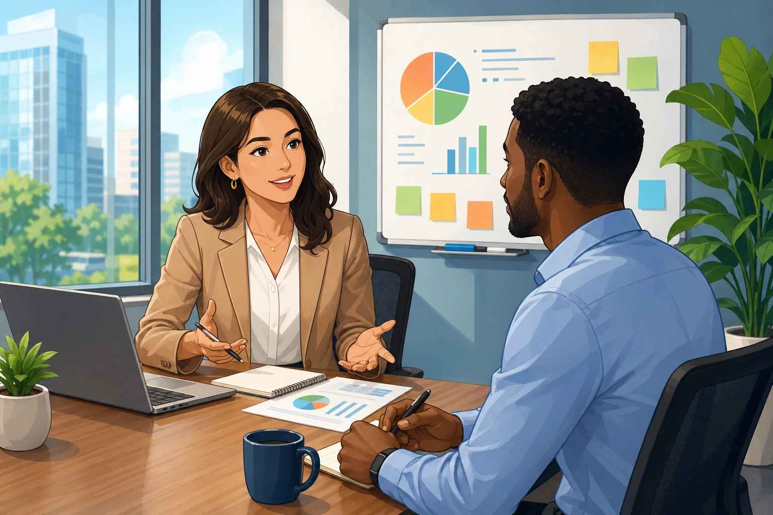 A modern office meeting room where a woman in business clothes speaks calmly to a man across a table, with a laptop, papers, and a whiteboard in the background.