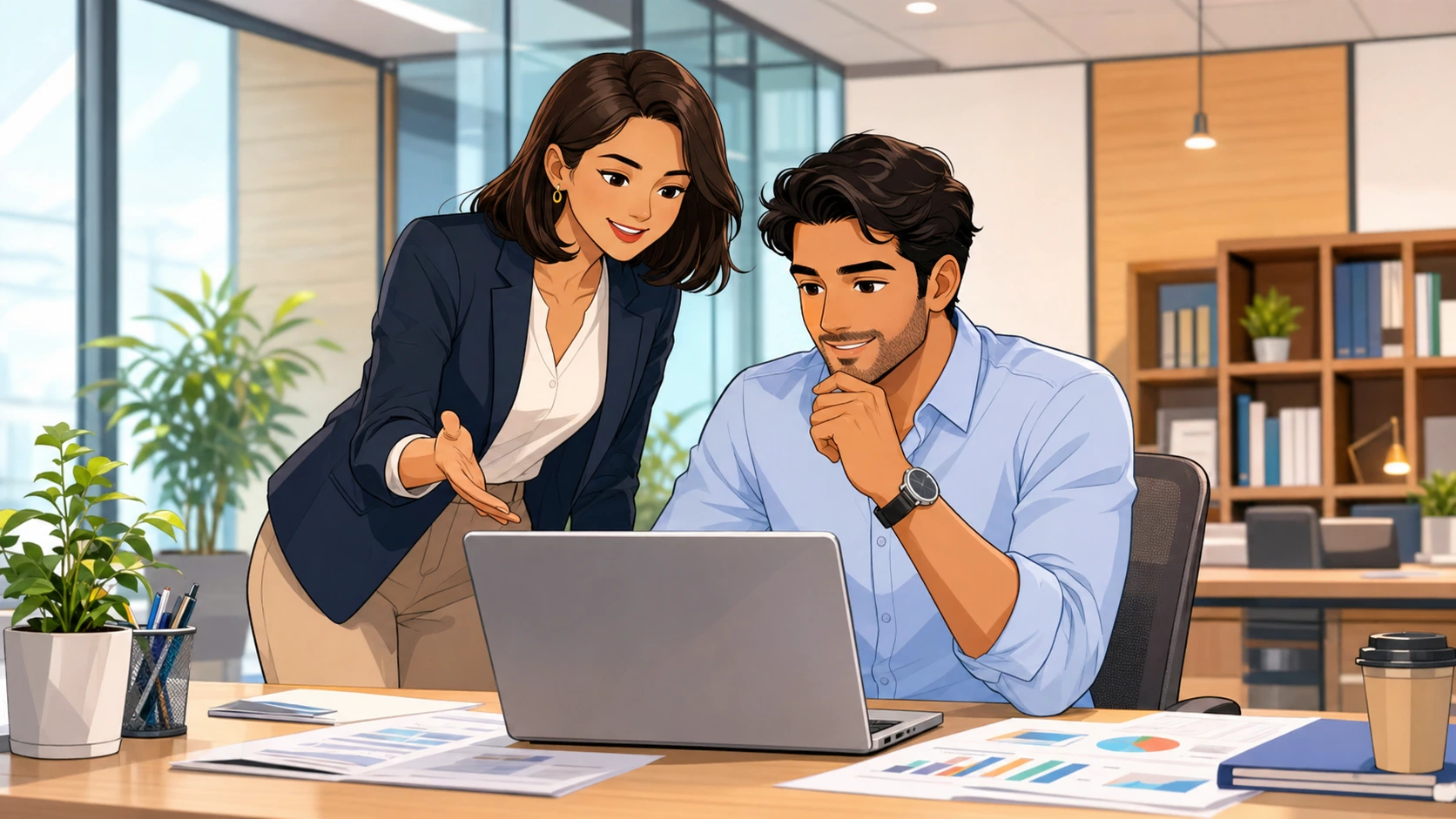 A woman in a blazer stands beside a desk with a laptop and printed reports while a man in shirtsleeves looks at the screen in a bright modern office.