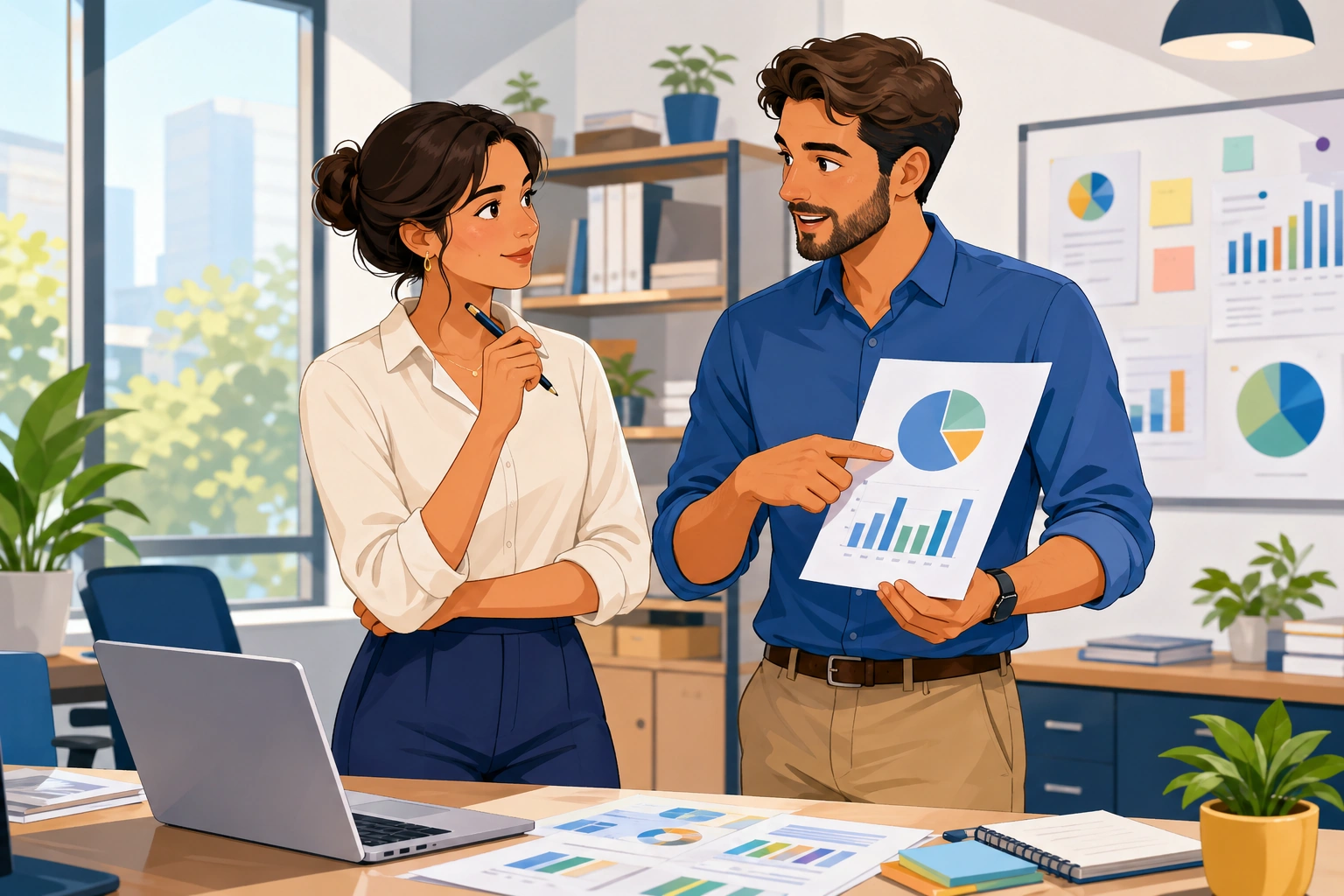 A woman and a man stand by a desk covered with papers and a laptop in a bright office, as he points to a chart and she listens with a pen in hand.