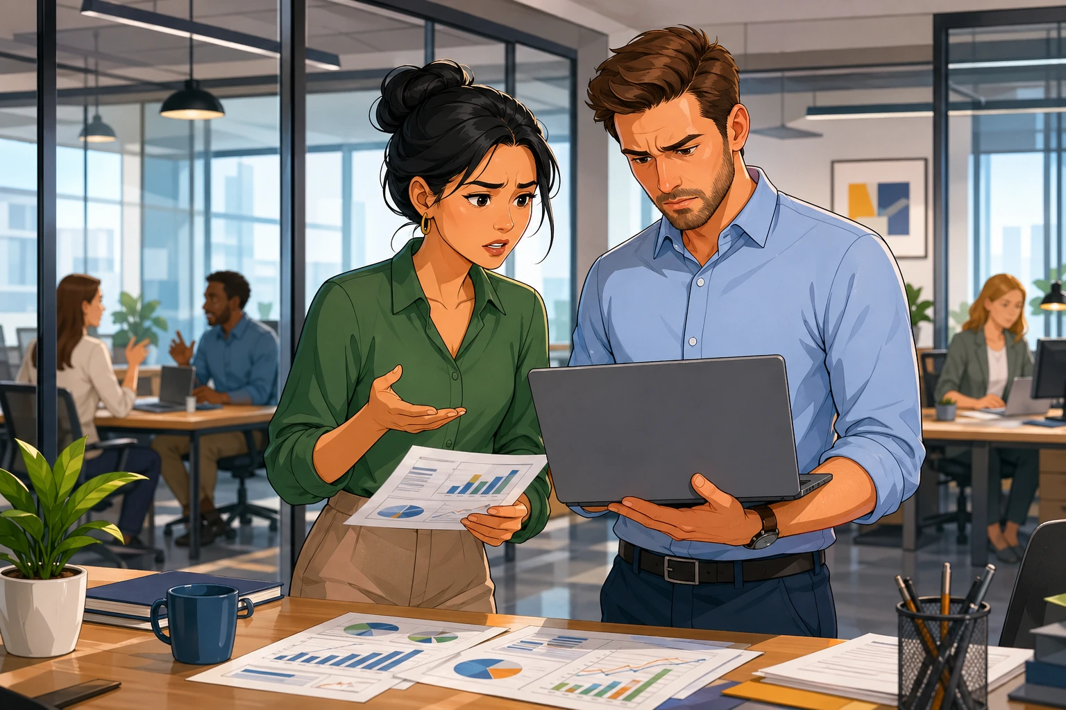 A female project manager and a male colleague stand in a modern office, looking at a laptop and printed charts with a tense, focused expression.