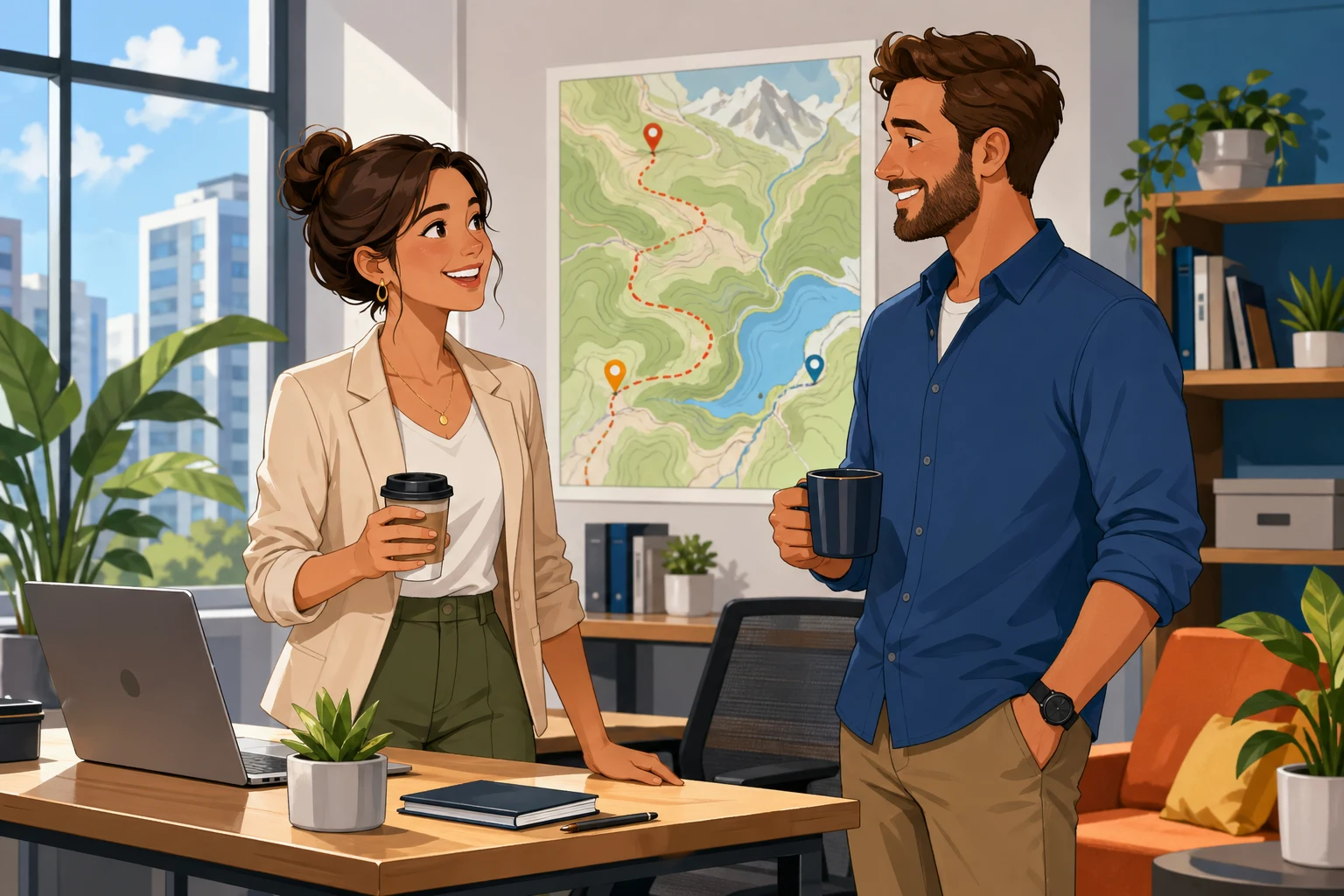 A smiling woman and a smiling man meet beside a modern office desk with coffee cups, a laptop, and a hiking map visible in the background.