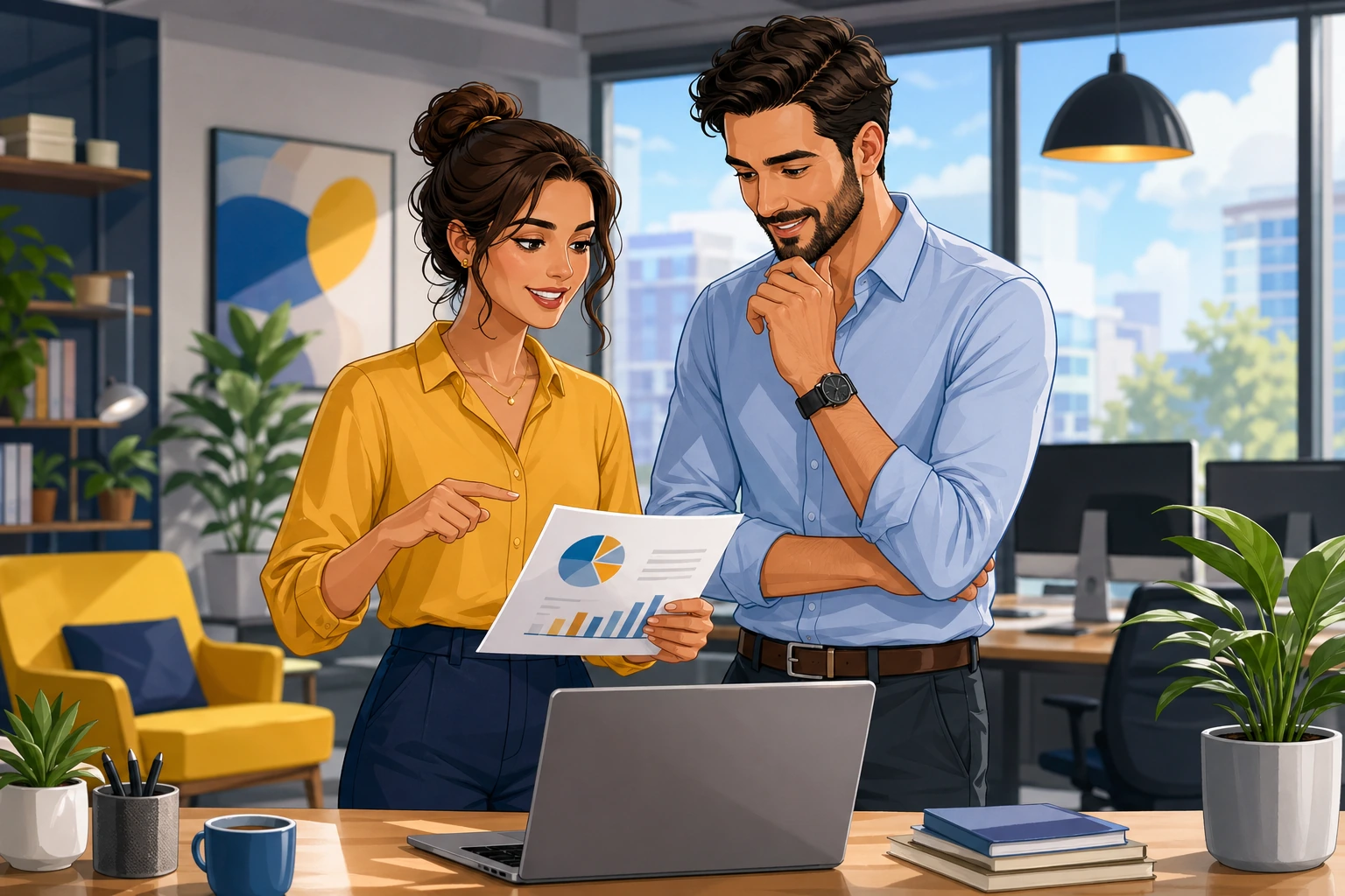 A woman and a man stand by a modern office desk, looking at a laptop and printed report while talking calmly in a bright workspace.