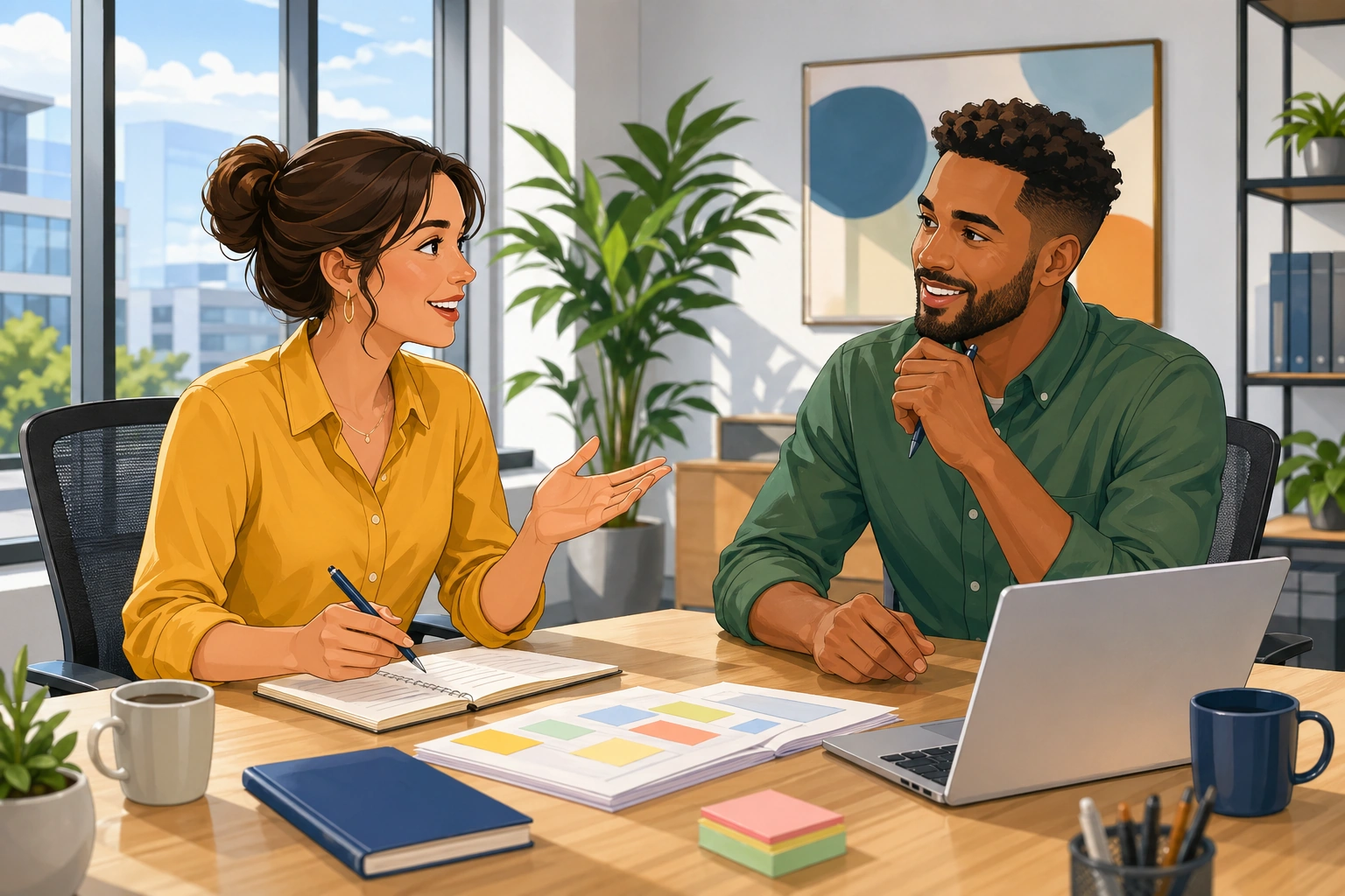 A woman and a man sit at a modern office table with notebooks and a laptop, discussing a project plan in a bright meeting room.