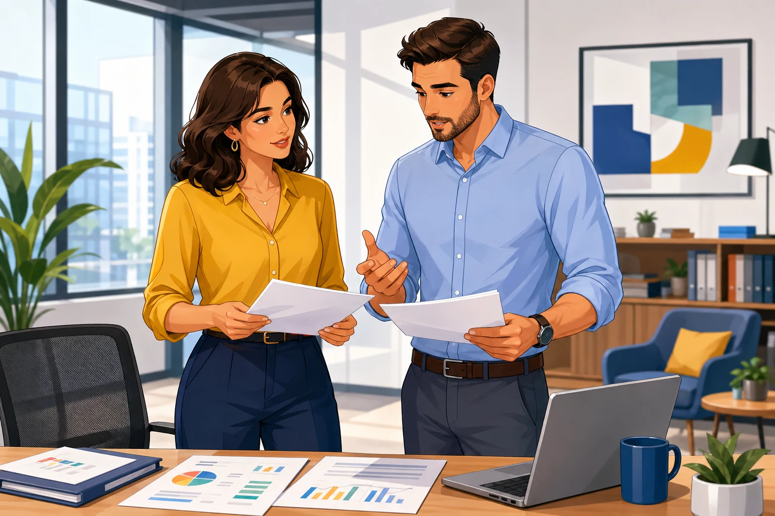 A woman and a man stand beside a desk in a modern office, looking at printed reports and talking quietly during a work review.