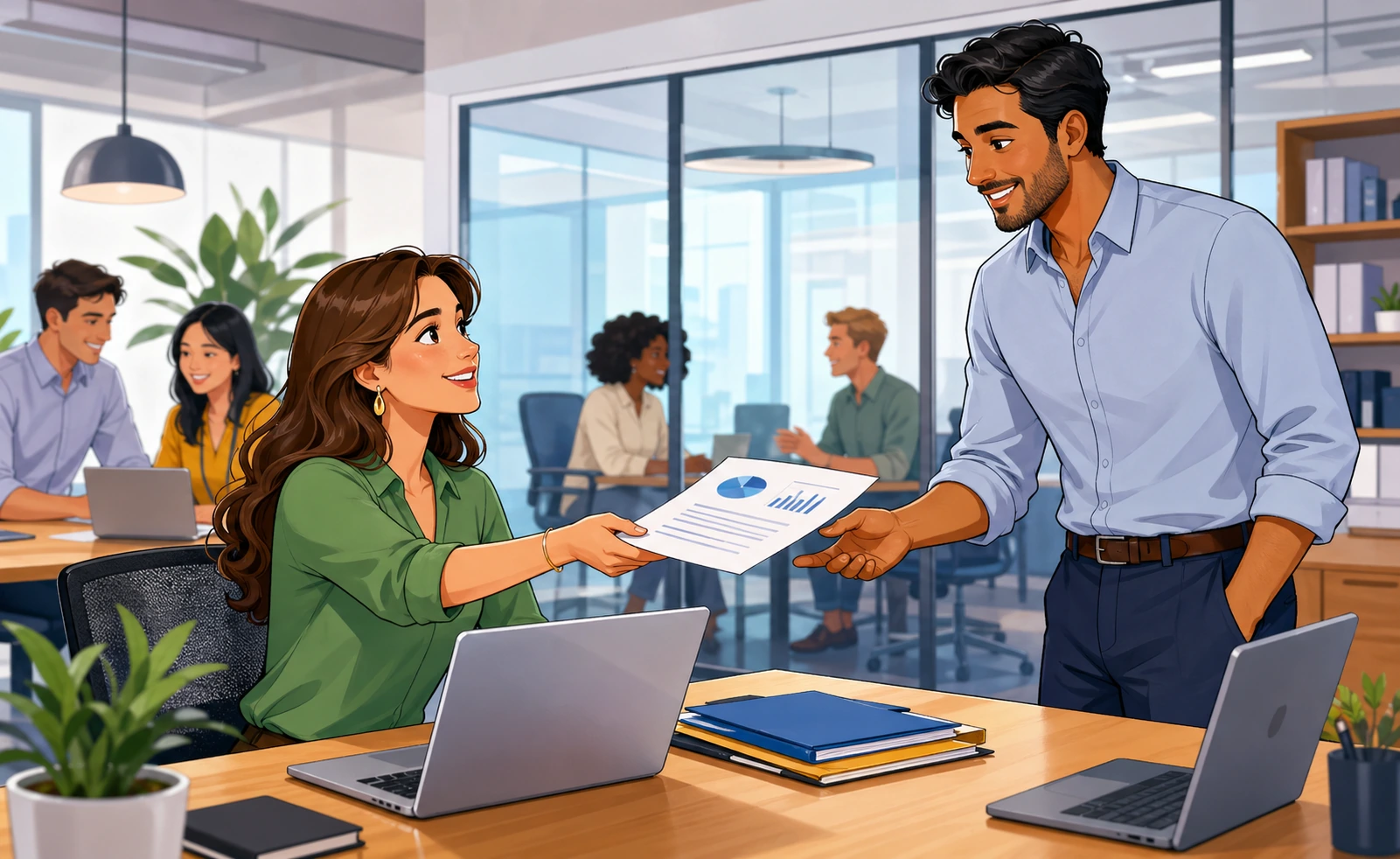 A woman at a modern office desk hands a printed report to a man standing beside her, with laptops, folders, and a bright meeting room background.