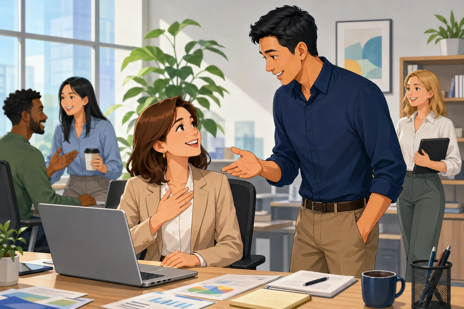 An adult woman in business clothes thanks an adult man beside a desk with a laptop, papers, and a coffee cup in a bright office.