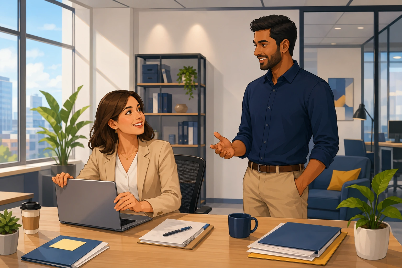 A woman at a desk closes her laptop while a man stands nearby in a modern office with papers and coffee cups on the table.