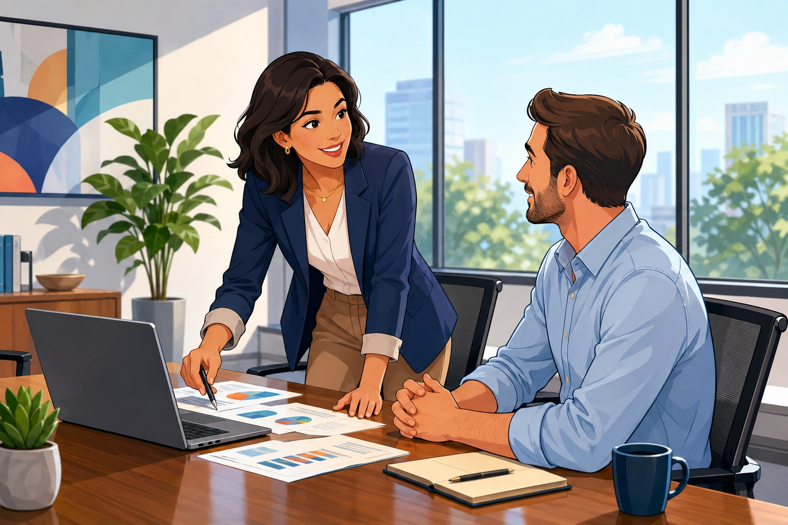 A woman in a blazer leans over a meeting table with papers and a laptop while a man in a shirt sits opposite her in a bright office conference room.