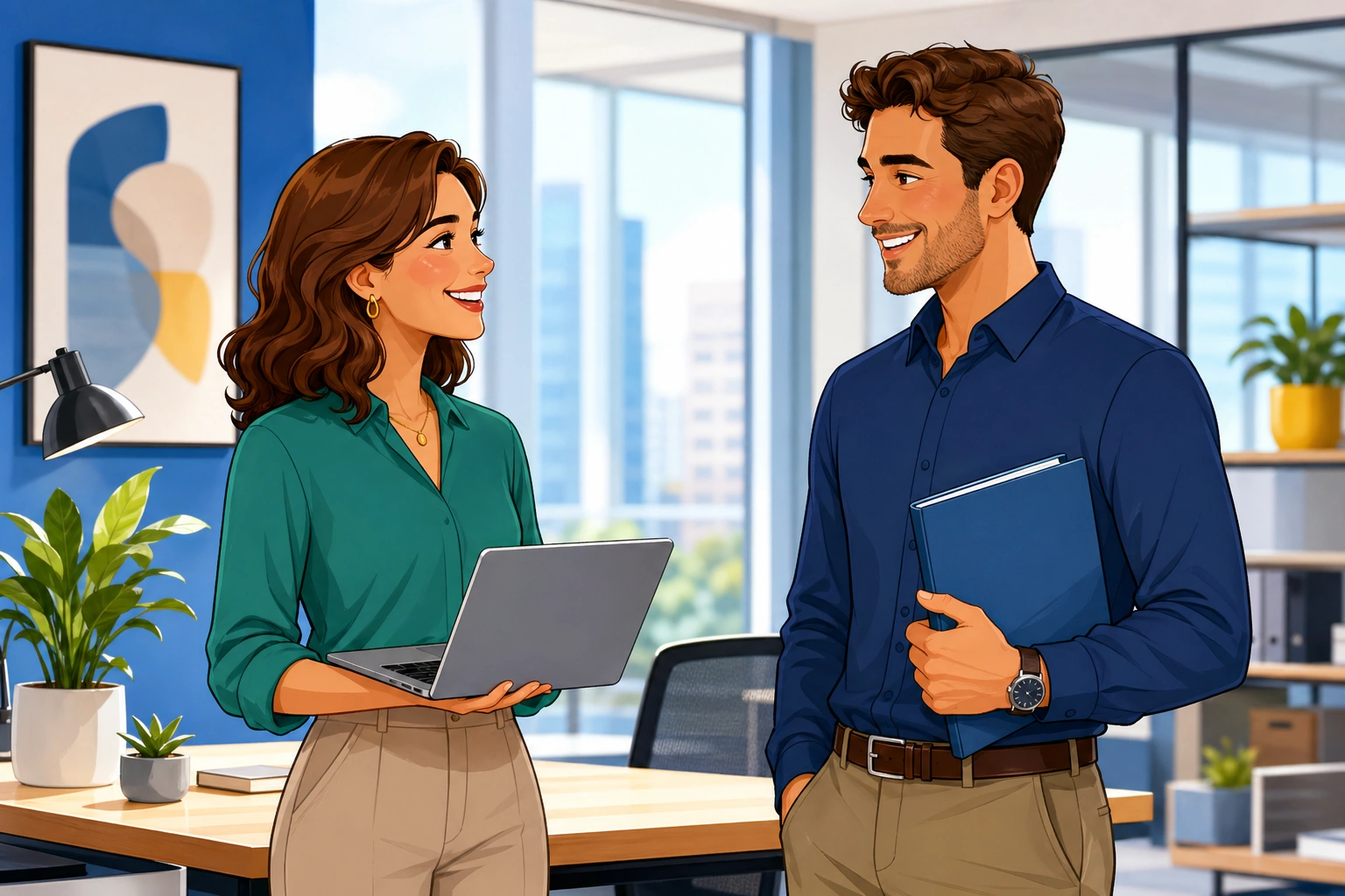 A woman with a laptop and a man holding a folder stand near a bright office desk and smile as they finish a friendly conversation.