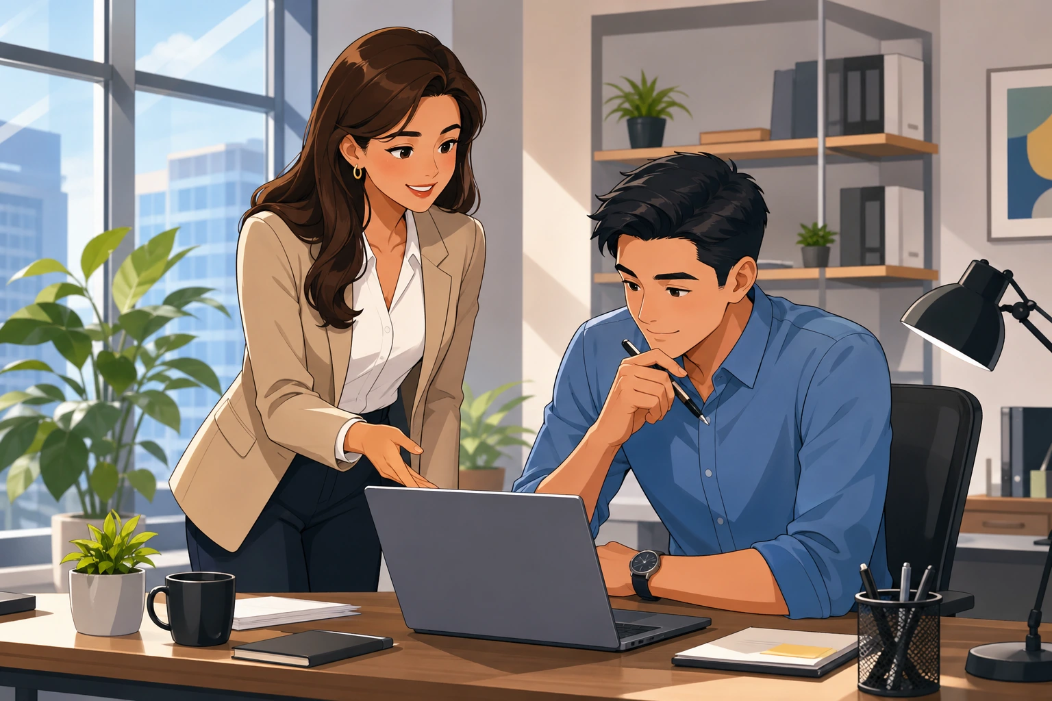 A woman in business clothes stands beside a desk in a bright office, showing a laptop screen to a male coworker who is reviewing it with a pen in hand.
