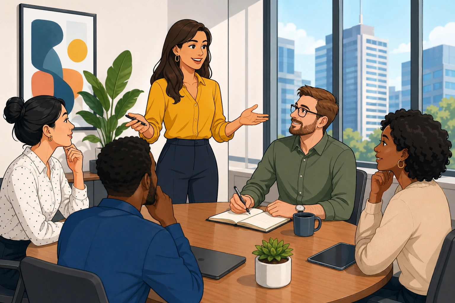 A woman presenter stands beside a conference table in a modern office meeting room, a man seated nearby with notes while a small group listens attentively.