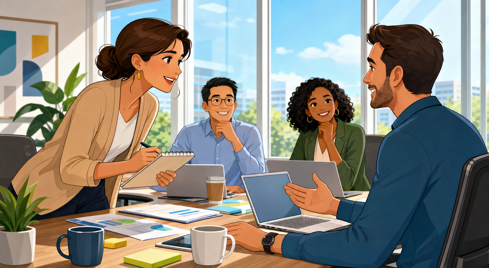 In a bright office meeting room, a woman with a notepad leans forward politely toward a man across the table, with laptops, coffee cups, and papers spread out during a business meeting.