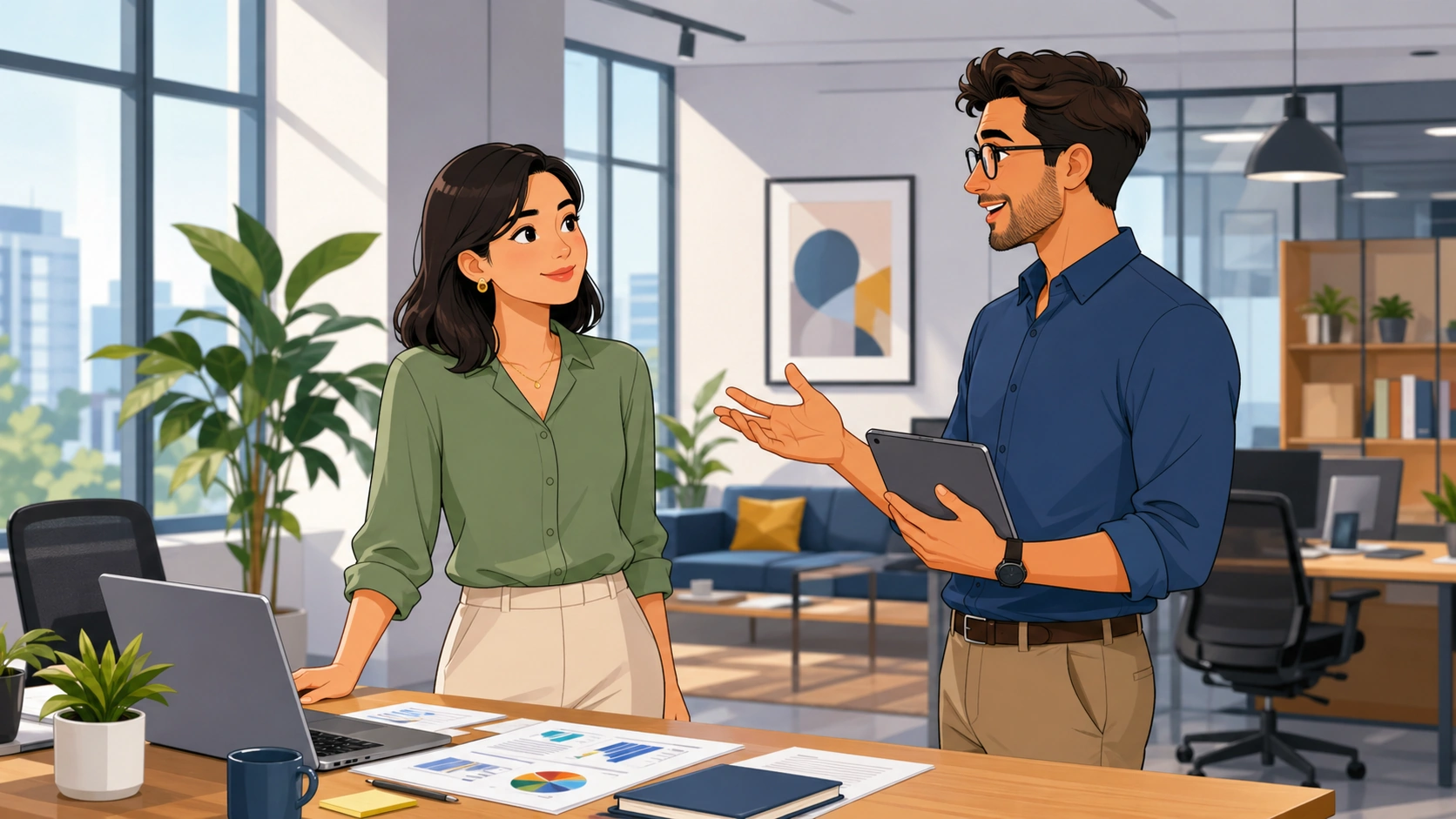 A woman in a modern office stands by her desk with a laptop and printed reports while a man in business casual explains a deadline, and she listens with a calm nod.