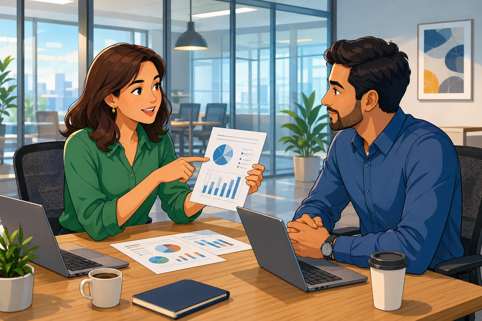 A modern office meeting room with a woman pointing at printed charts while a man listens across a table, with laptops, coffee cups, and soft daylight through glass walls.