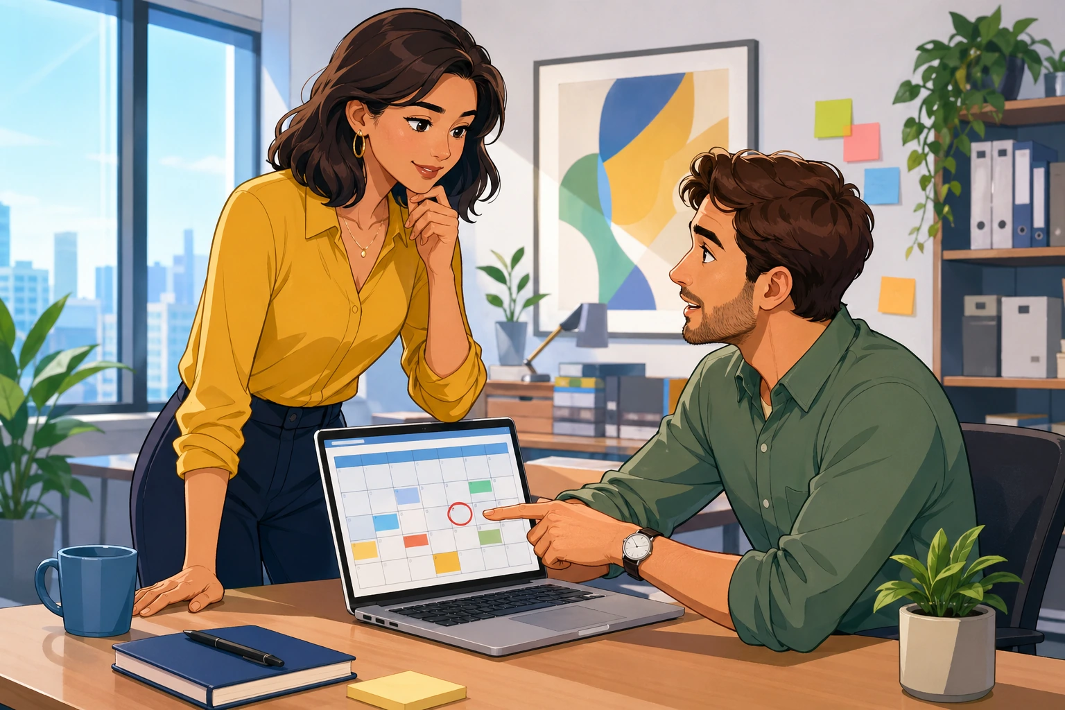 A woman in business casual stands by a desk in a bright office while a man points at a calendar on a laptop, both focused on a work deadline.